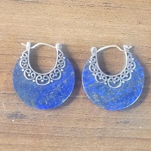 Vintage Meran Sterling Silver Lapis Hoop Earrings